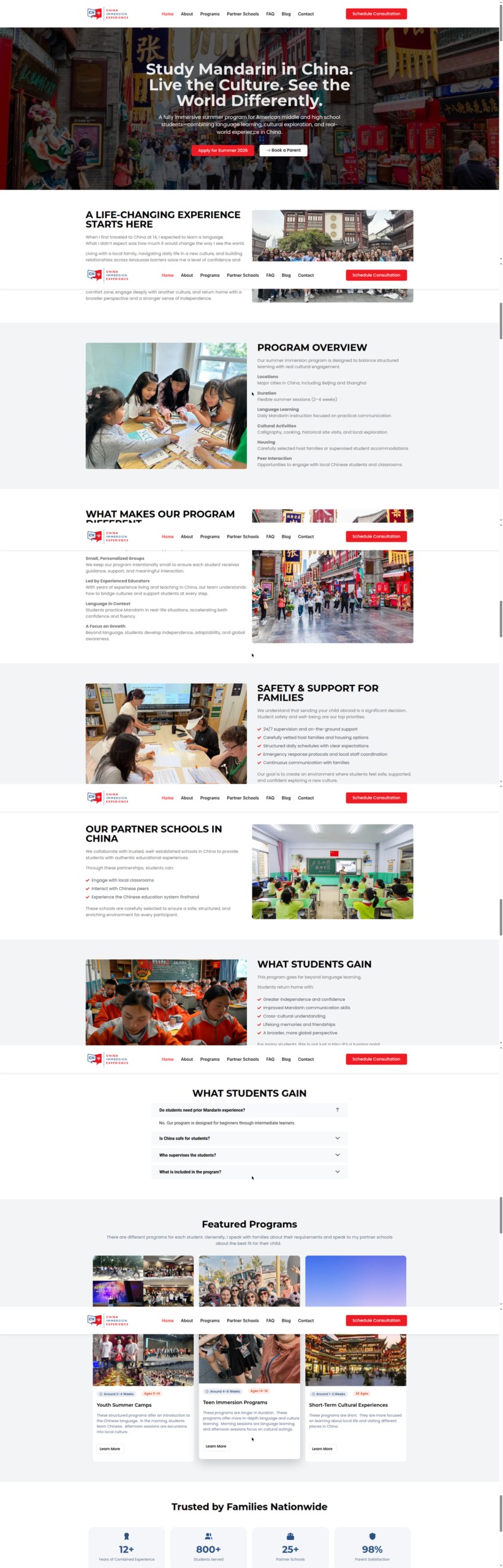 China Immersion Experience homepage showcase — education website design case study